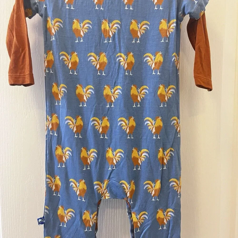 Kickee Pants Blue Parisian Rooster Polo Romper Bamboo Boys Size 18-24 Months